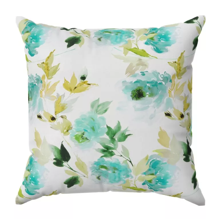 Poszewka szyta SILENCIA biało turkusowa z miękkiej tkaniny typu blackout drukowanej w malarski kwiatowy wzór