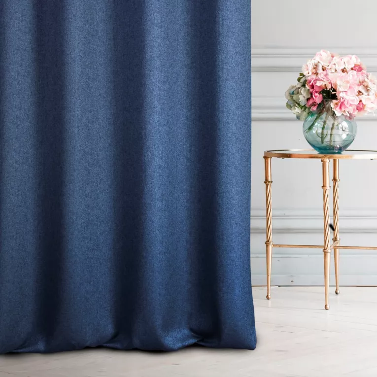 Zasłona szyta na tunelu ALINE granatowa z tkaniny o naturalnym splocie z efektem melanżu