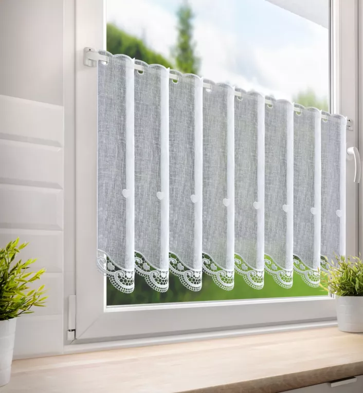 Tkanina firanowa zazdrostka z etaminy zdobiona haftem geometrycznym Eurofirany