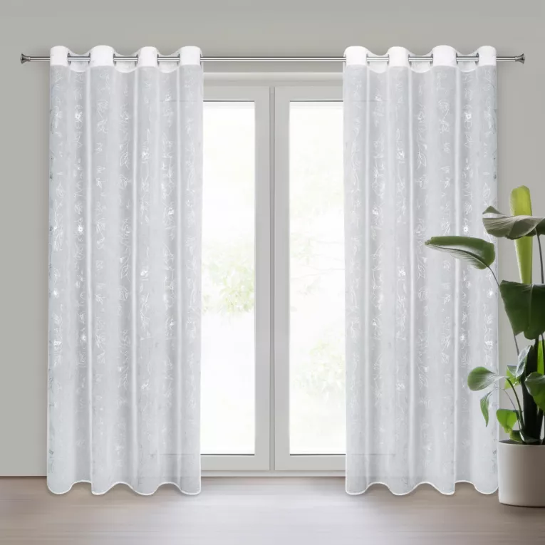 Dekoracja okienna biało, srebrzysta zdobiona nadrukiem kwiatów z etaminy 140x250 cm przelotka BELLE Eurofirany