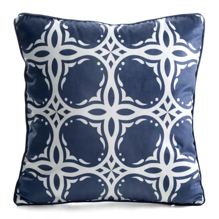 Poszewka na poduszkę 45x45 cm welwetowa granatowo, biała z geometrycznym nadrukiem VELVET 201 Eurofirany
