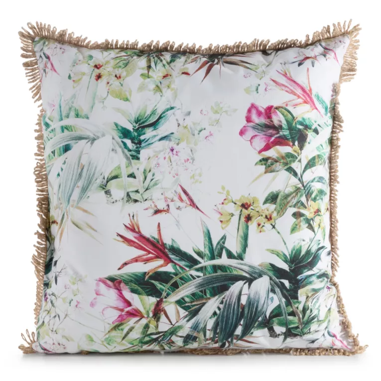 Poszewka na poduszkę 45x45 cm z tkaniny wodoodpornej na taras oraz balkon zdobiona nadrukiem kwiatów i frędzli biało, zielona GARDEN Eurofirany