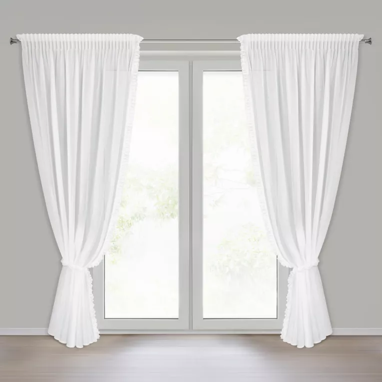 Komplet firan białych zdobionych aplikacją z gipiurą z perełkami 140x270 cm taśma+troczek ELENA Eurofirany