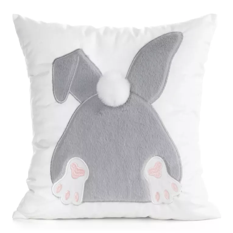 Wielkanocna poszewka na poduszkę 45x45 cm welwetowa z uroczym zajączkiem biało, srebrna WIOSNA 129  Eurofirany