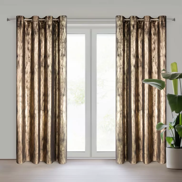 Zasłona czarno, szampańska zdobiona lśniącym nadrukiem z welwetowej tkaniny 140x250 cm przelotka EMILA Eurofirany