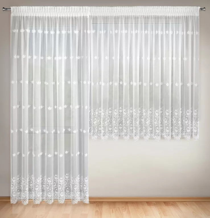 Firana LILAC na okno balkonowe z tkaniny typu peru zdobiona haftem Eurofirany