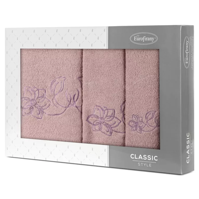 Zestaw ręczników bawełnianych 3 szt kolor pudrowy, liliowy z haftem subtelnych kwiatów 400 g/m2 LILA Eurofirany