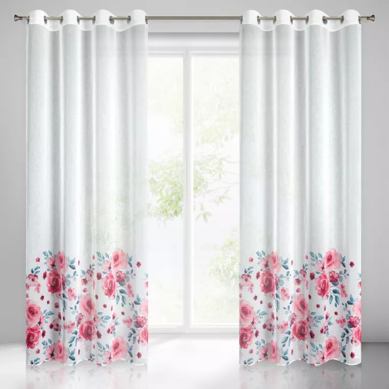 Zasłona biało, różowa z motywem malowanych kwiatów z etaminy 140x250 cm przelotka CARLA Eurofirany