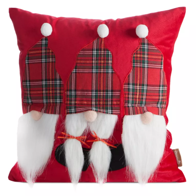 Poszewka na poduszkę świąteczna 45x45 cm czerwono, biała zdobiona aplikacja trzech skrzatów Eurofirany