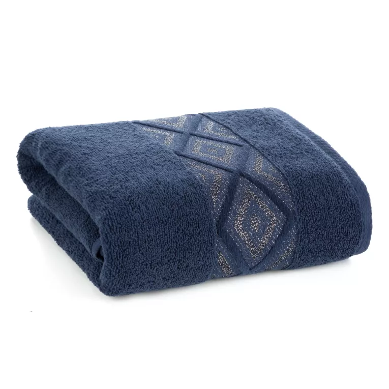 Ręcznik kąpielowy 50x90 cm bawełniany kolor granatowy z ozdobną geometryczną bordiurą AZARI Eurofirany