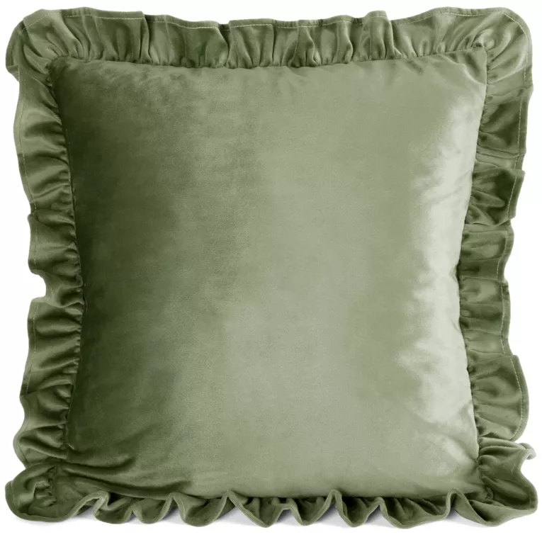 Poszewka na poduszkę 60x60 cm z aksamitnego welwetu zdobiona na brzegach falbanami oliwkowa BRENDA EUROFIRANY PREMIUM