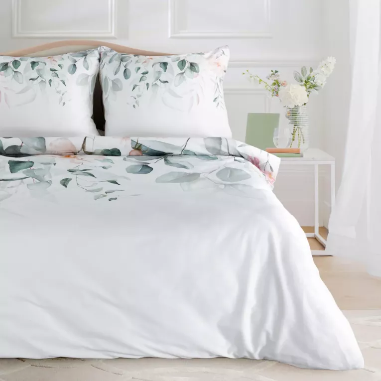 Pościel 220x200 cm bawełniana makosatyna kolor biały, zielony z motywem kwiatów JULIET Eurofirany Premium