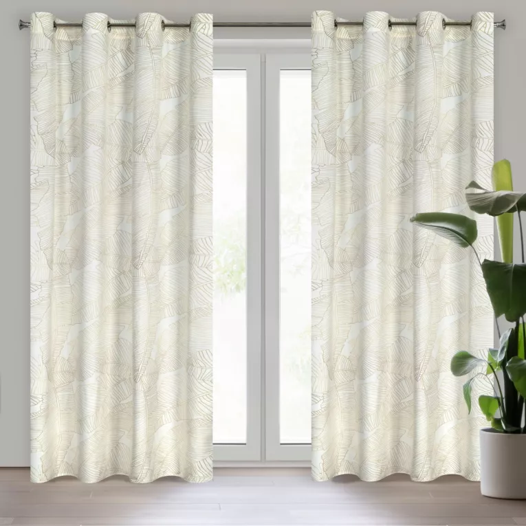 Zasłona biało, beżowa ze wzorem liści z matowego welwetu LUNA 2 140x250 cm przelotka Limited Collection Eurofirany