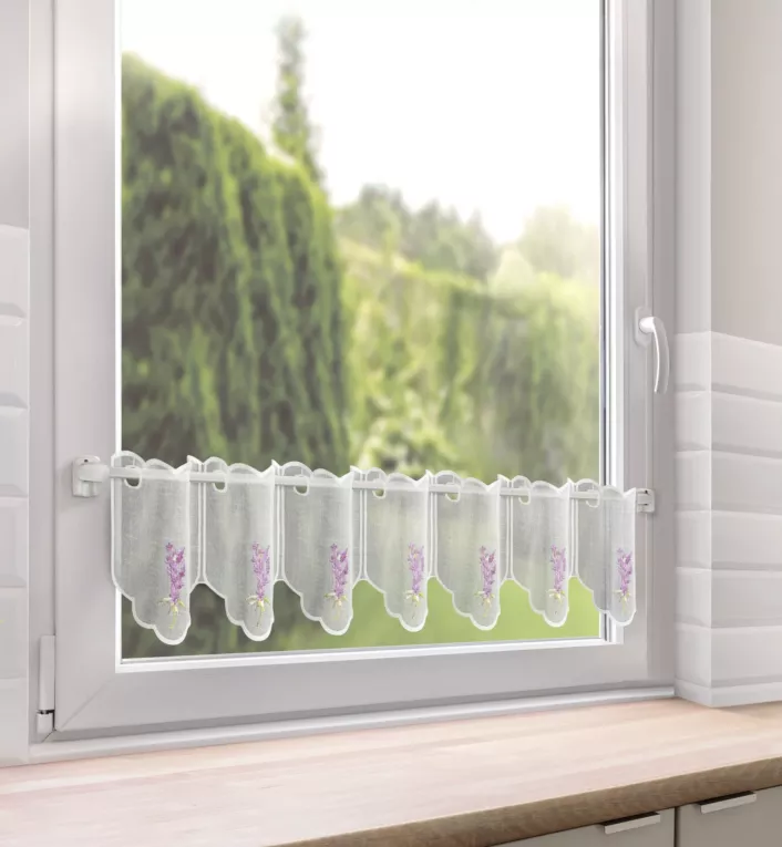 Tkanina firanowa zazdrostka z etaminy zdobiona haftem lawendy Eurofirany