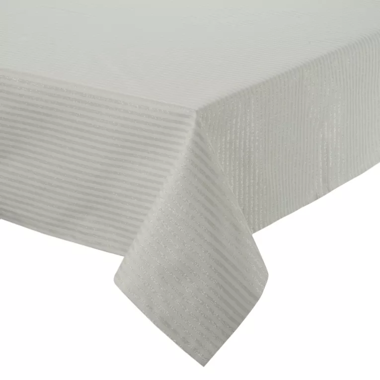 Obrus naturalny 135x180 cm z żakardowej tkaniny FLASH świąteczny w prążki przetykane szampańską nicią