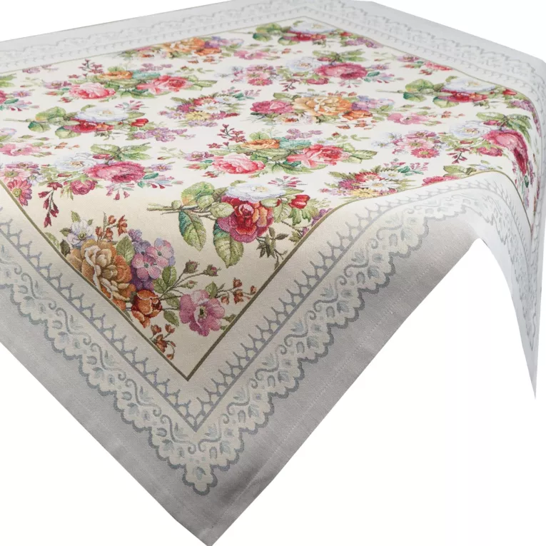 Obrus jasnoszaro, różowy 100x100 cm gobelinowy zdobiony tkanym motywem kwiatowym