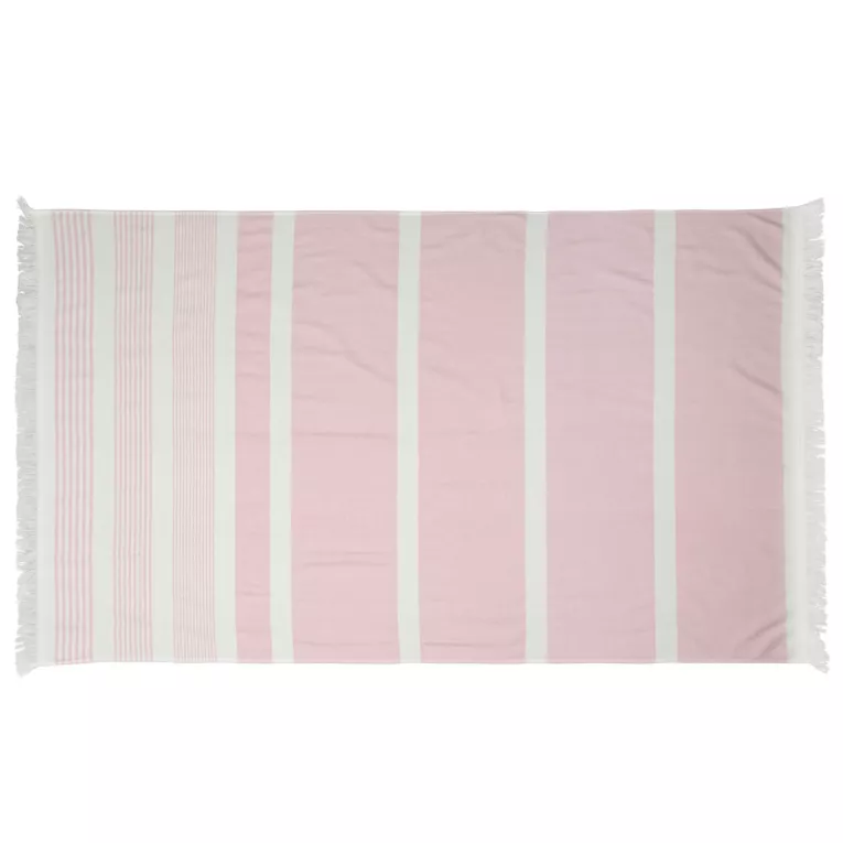 Ręcznik kąpielowy 90x170 cm bawełniany kolor różowy,biały z nadrukiem kontrastujących paseczków i frędzli 350 g/m2 KORFU Eurofirany