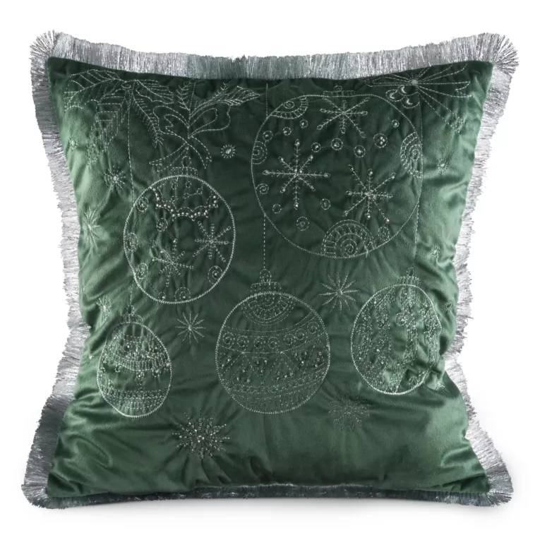 Poszewka na poduszkę 45x45 cm z haftowanym świątecznym motywem z frędzlami na brzegach ciemnozielono, srebrna Eurofirany