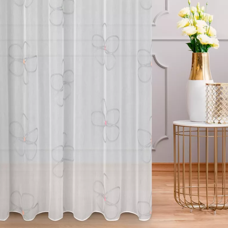 Tkanina firanowa miękka, lekka, ozdobiona fluorescencyjnym wzorem w postaci kwiatów, Eurofirany