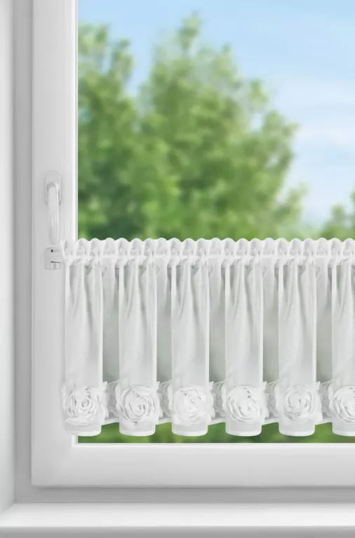 Zazdrostka biała z szyfonu zdobiona pasem róż 3D taśma marszcząca - ROSES- EVA MINGE Eurofirany