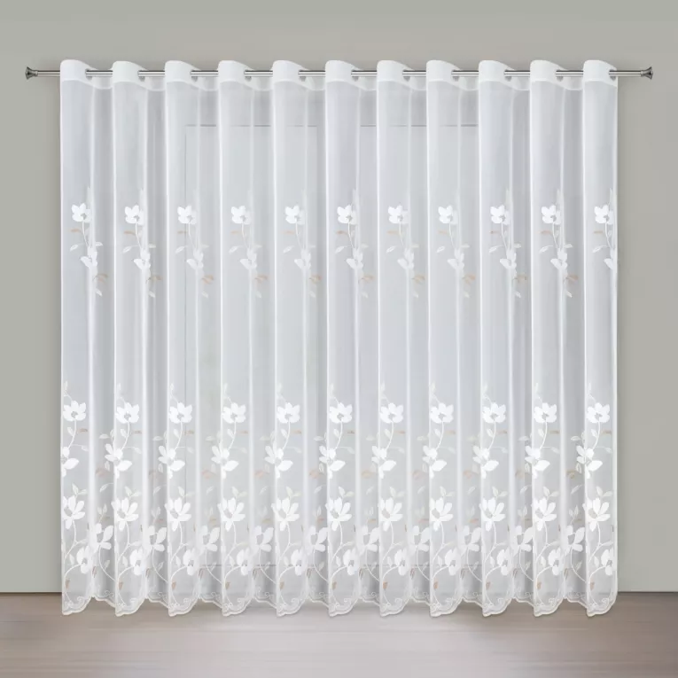 Firana biało, brązowa SANDI z tkaniny typu peru zdobiona haftem 350x250 cm przelotka - SANDI Eurofirany