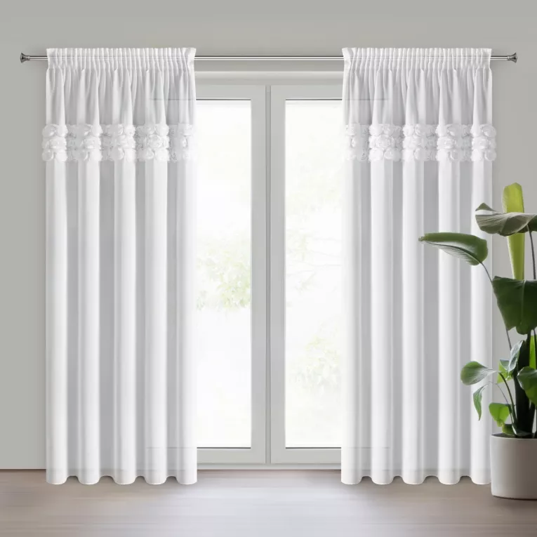 Firana biała z szyfonu zdobiona pasami 3D róż 140x270 cm taśma - ROSES - Eva Minge Eurofirany