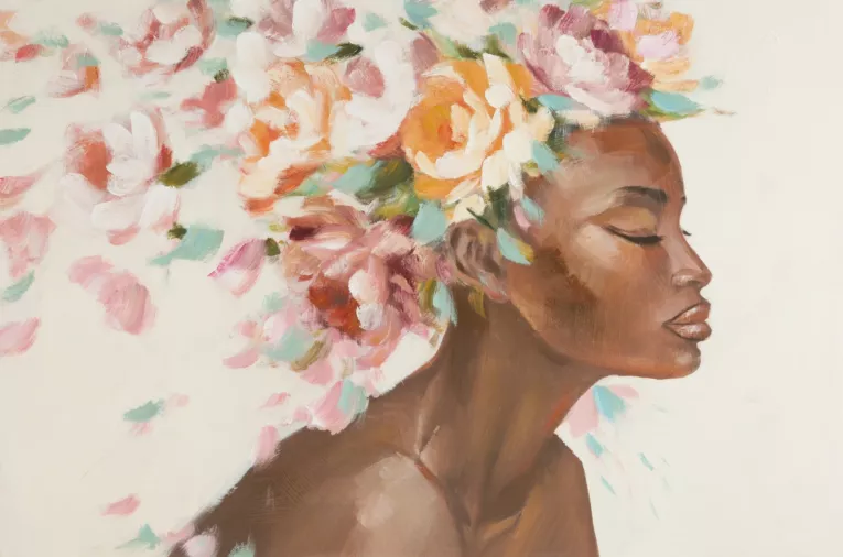 Obraz portret kobiety w nakryciu głowy z kwiatów ręcznie malowany na płótnie Eurofirany