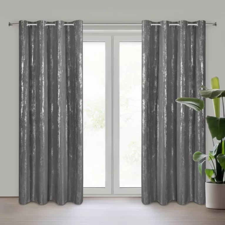 Zasłona grafitowo, srebrzysta zdobiona błyszczącym nadrukiem 140x250 cm przelotka LIBI Eurofirany