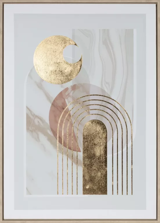 Obraz abstrakcja beżowo, złocisty nadruk na płótnie w stylu boho oprawiony w ramę 50x70 cm  Eurofirany