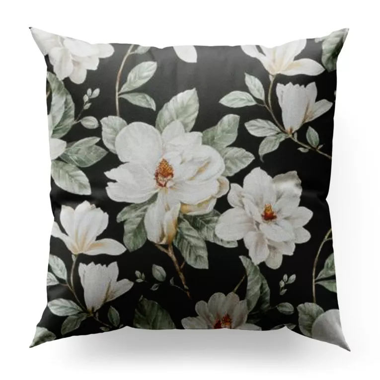 Poszewka szyta grafitowo kremowa z tkaniny o płóciennym splocie z nadrukiem w magnolie