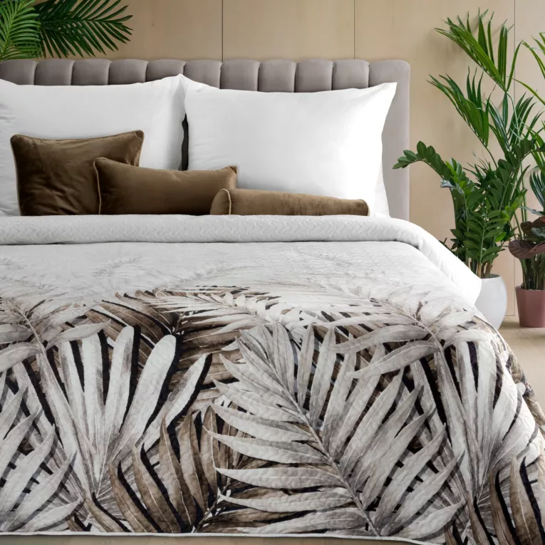 Narzuta welwetowa biało, beżowa 200x220 cm zdobiona nadrukiem subtelnych liści NESSA Eurofirany