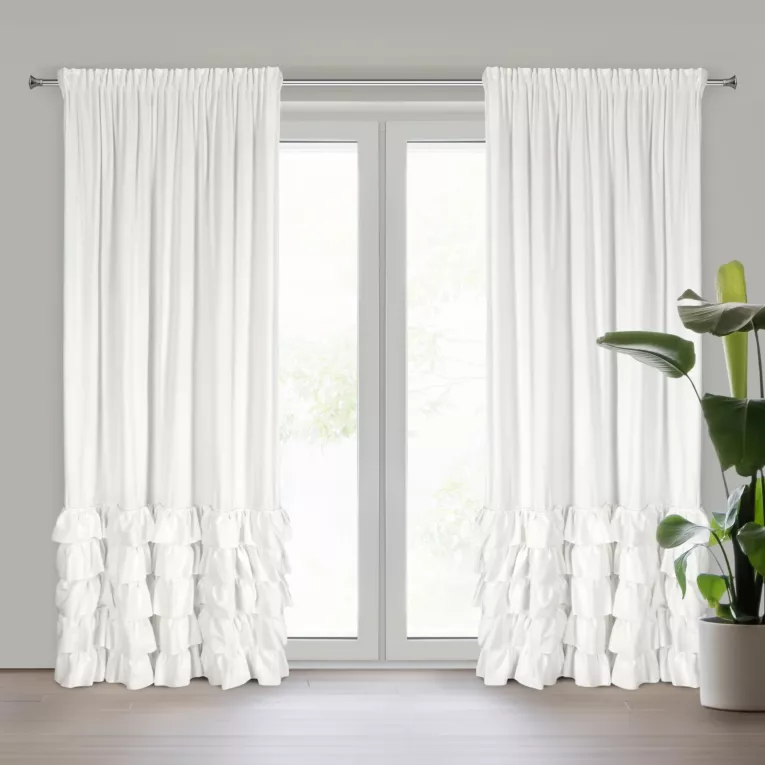 Zasłona biała zdobiona falbanami i lśniącymi akcentami z welwetu 140x270 cm taśma CARLI Eurofirany