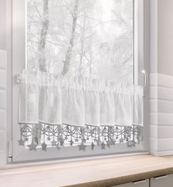 Zazdrostka świąteczna biało, srebrna z etaminy zdobiona luźno zwisającymi gwiazdkami 150x30 cm tunel - XMAS Eurofirany