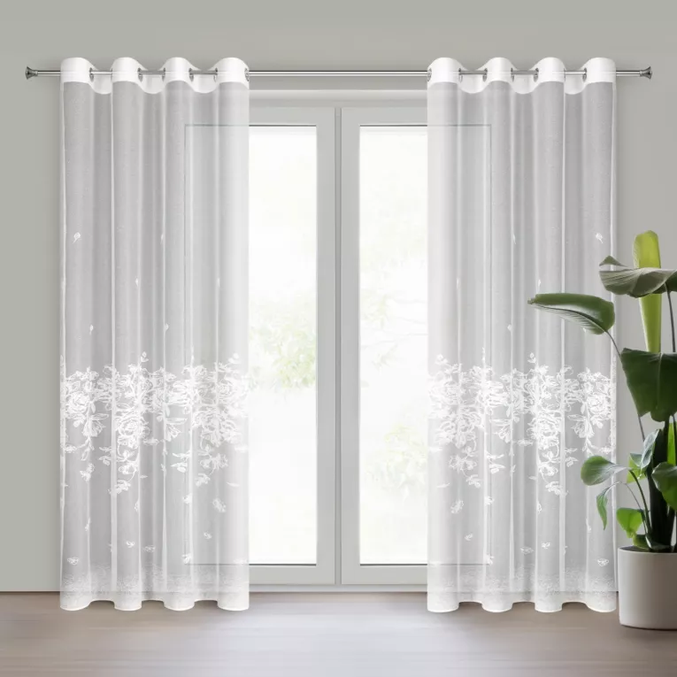 Firana biała żakardowa z roślinnym motywem 140x250 cm przelotka ALEXIA Eurofirany