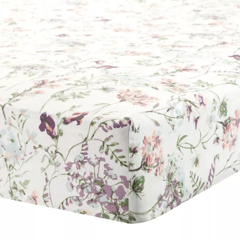 Prześcieradło z gumką 160x200 cm z bawełny kolor różowy,zielony z wzorem roślinnym 105 g/m2 PRINT Eurofirany