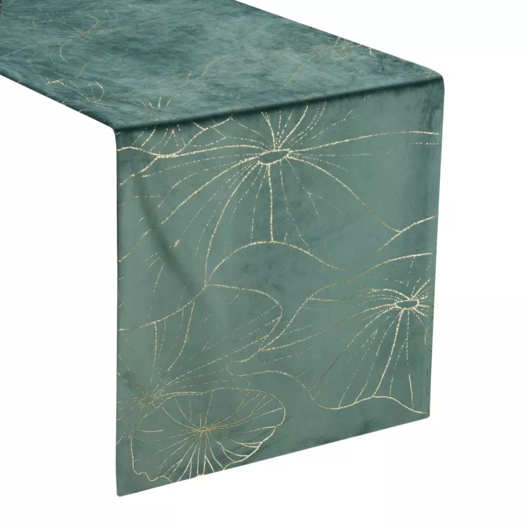 Bieżnik na stół ciemnomiętowo, złocisty 35x220 cm welwetowy BLINK 15 z liśćmi lilii wodnej