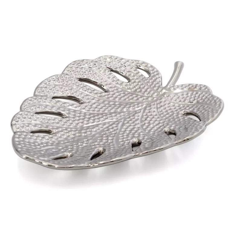 Patera dekoracyjna srebrna w kształcie liścia monstery 25x19x4 cm KARLO Eurofirany