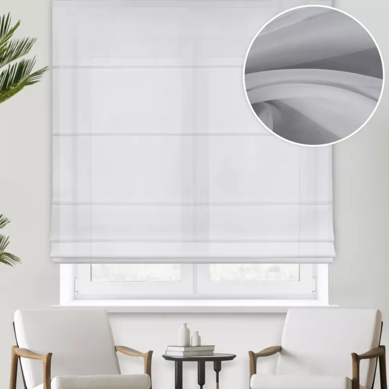 Roleta rzymska srebrna z delikatnej, miękkiej w dotyku żorżety, wykończonej obciążnikiem