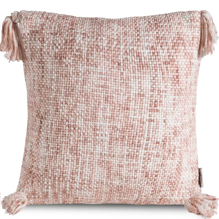 Poszewka na poduszkę 40x40 cm z tkaniny o wyraźnym grubym splocie z chwostami na rogach różowa GATI Eurofirany