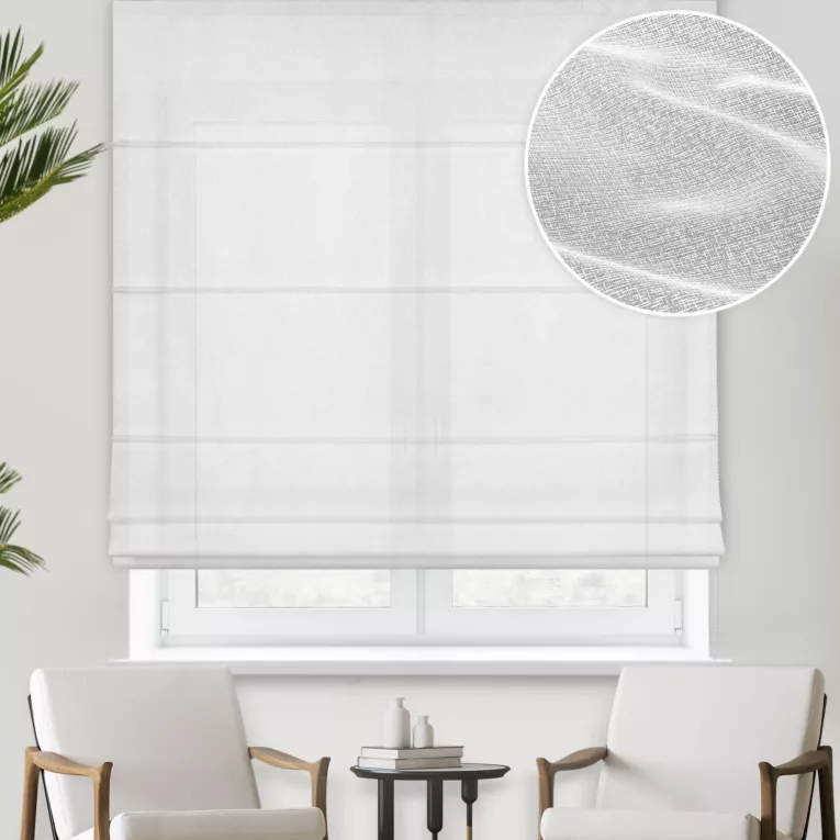 Roleta rzymska SABLE biała Woal francuski, tkanina w drobny krzyżujący się wzorek, wykończona obciążnikiem