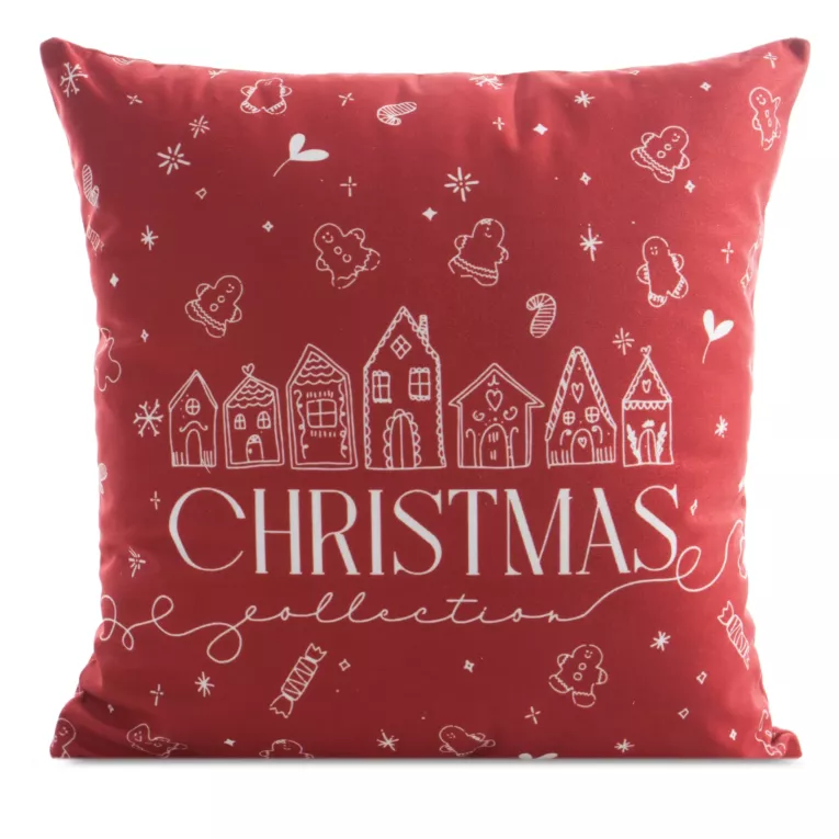 Poszewka na poduszkę 45x45 cm welwetowa czerwono, biała zdobiona świątecznym nadrukiem Eurofirany