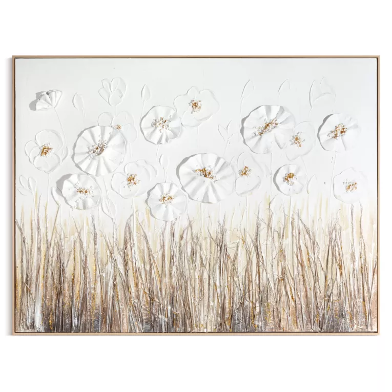 Obraz w trójwymiarowe kwiaty kremowo, złoty ręcznie malowany na płótnie oprawiony w ramę Eurofirany 92x122 cm