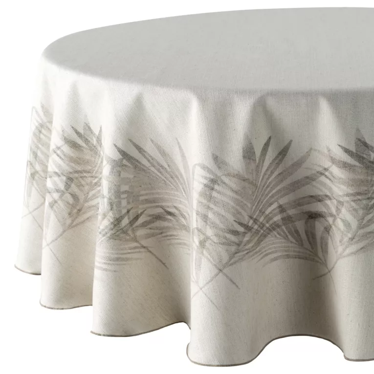 Obrus okrągły beżowo, kremowy średnica 150cm INES 11 z nadrukowanym motywem liści palmowych