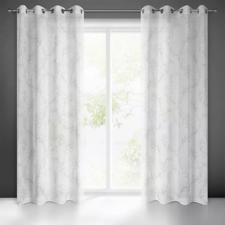 Zasłona biało, popielata ze wzorem kwiatowym z etaminy 140x250 cm przelotka FIORE Eurofirany