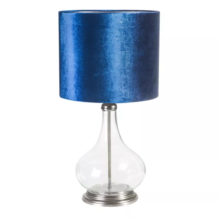Lampa stołowa do pokoju granatowa KIM na podstawie z przezroczystego szkła z granatowym abażurem z lśniącego welwetu Eurofirany