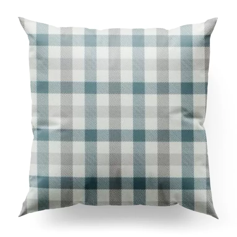 Poszewka szyta jasnokremowo turkusowa z tkaniny o naturalnym splocie z nadrukowanym wzorem w kratę