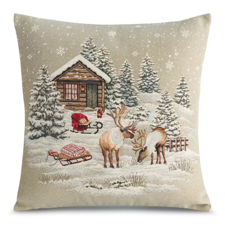 Poszewka na poduszkę 45x45 cm bawełniana, gobelinowa z mieszanki włókien zdobiona motywem zimowej wioski naturalno, beżowa GOB Eurofirany