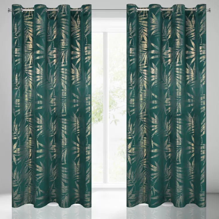 Elena ciemna turkusowa zasłona welwetowa w złote liście na przelotkach 140x250 cm
