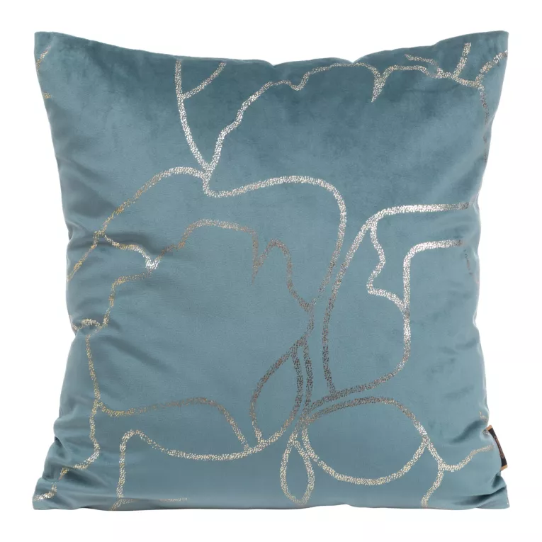 Poszewka na poduszkę 45x45 cm welwetowa ze złocistym nadrukiem z motywem liści miłorzębu niebieska BLINK 35 Eurofirany