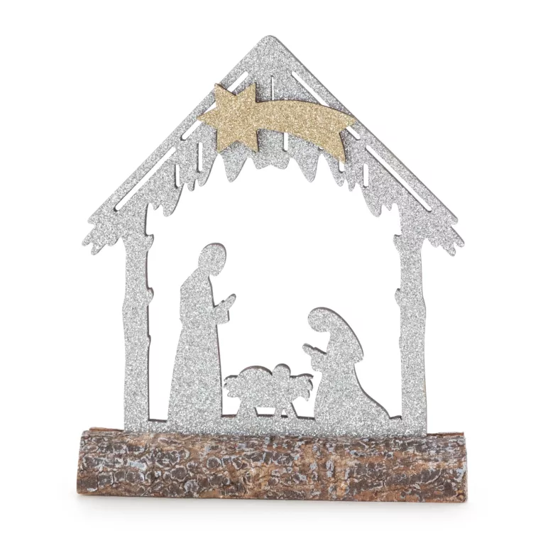 Ozdoba świąteczna szopka Bożonarodzeniowa z datkiem srebrnego brokatu 13x18 cm Eurofirany